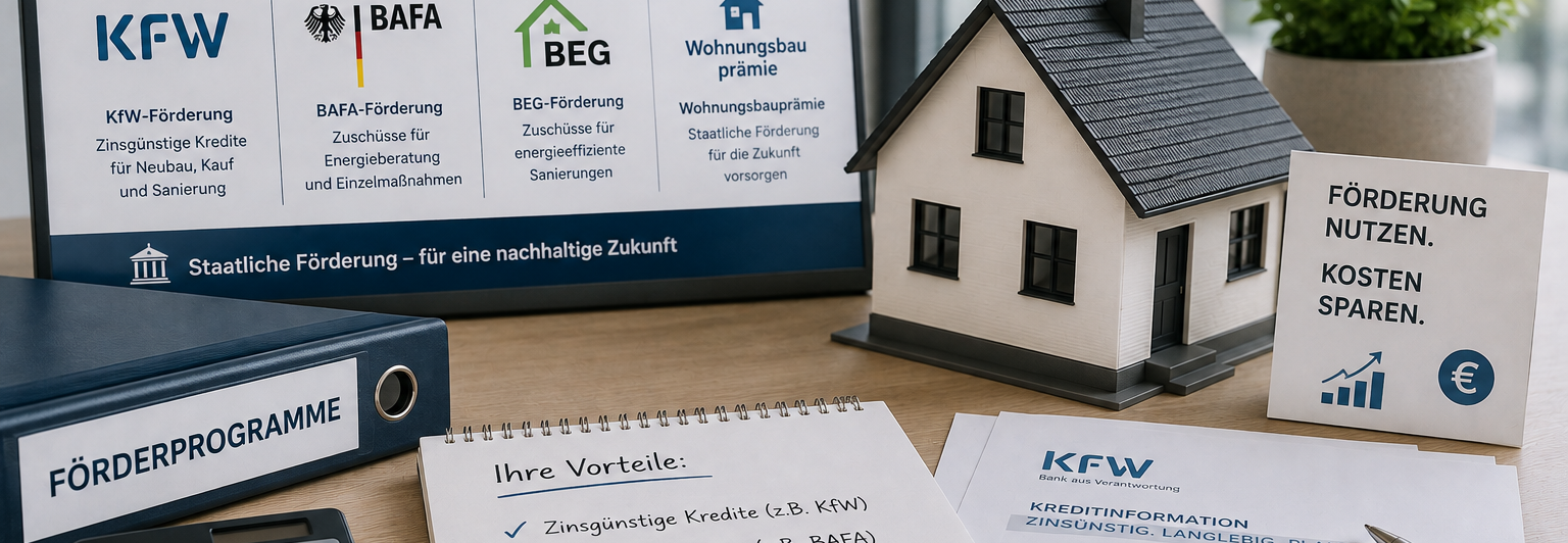 Übersicht zu KfW-, BAFA- und BEG-Förderprogrammen für Immobilien sowie Modellhaus und Förderunterlagen