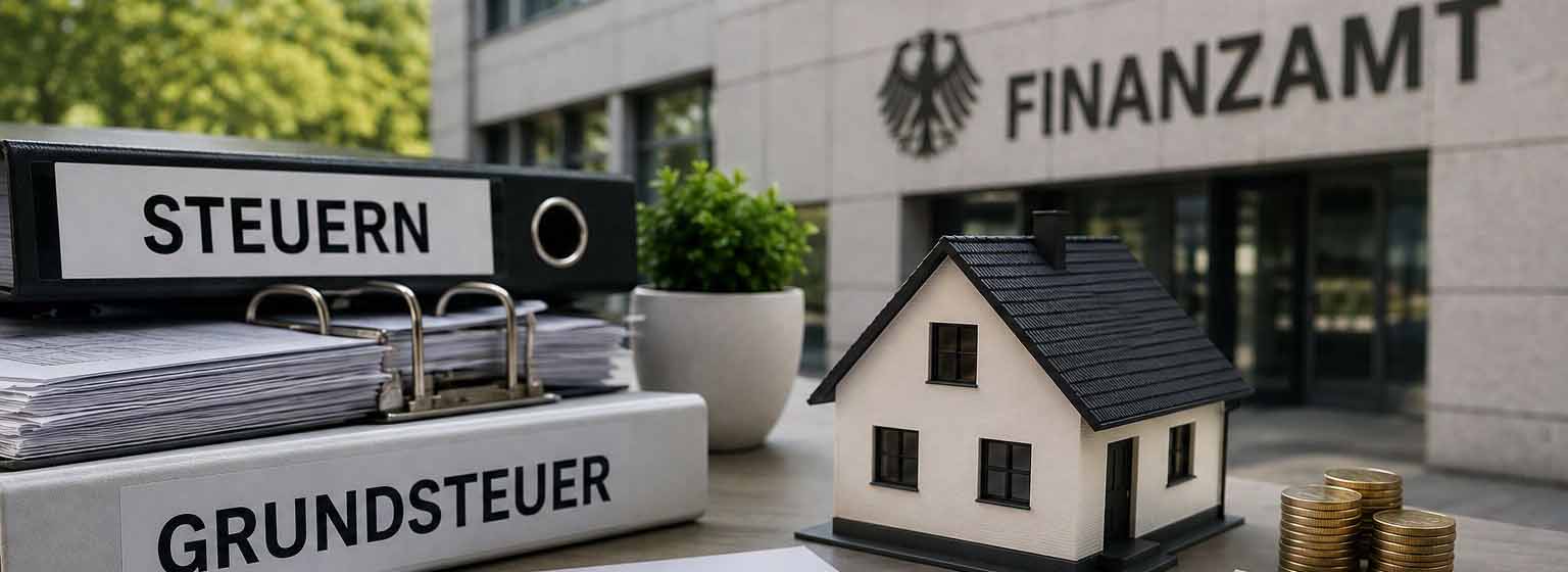 Grundsteuerbescheid, Aktenordner „Steuern“ und „Grundsteuer“, Modellhaus, Taschenrechner und Finanzamt-Gebäude als Symbol für AfA-Berechnung und Immobilienbesteuerung